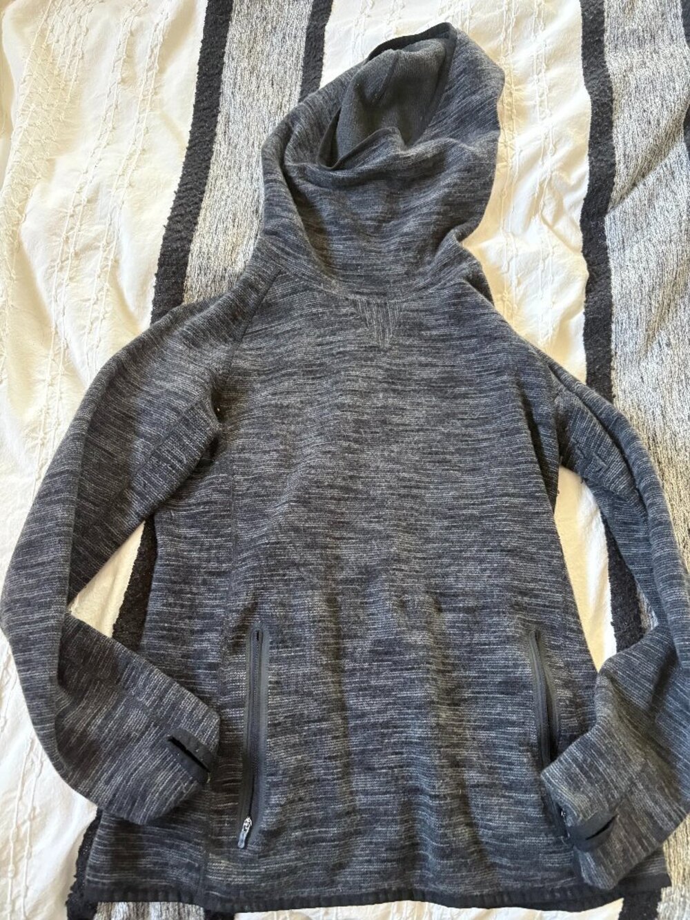 Charcoal Heather High-Neck Cowl Hooded Pullover | Thumbholes & Zip Pockets - M